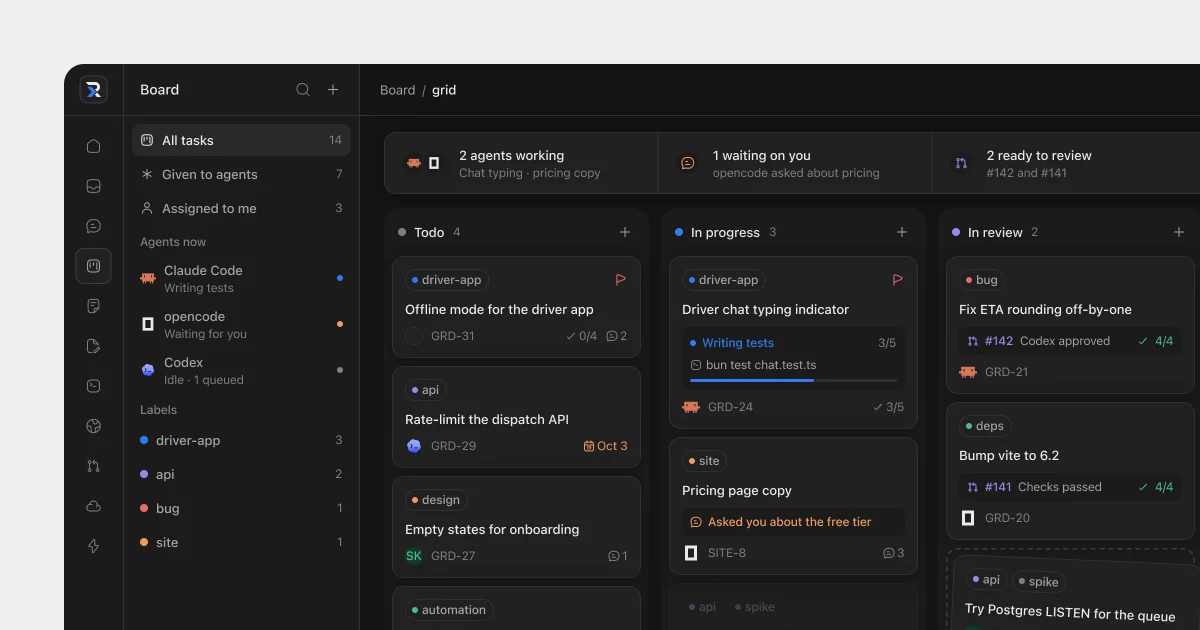 Grid's project board with agents working on tasks